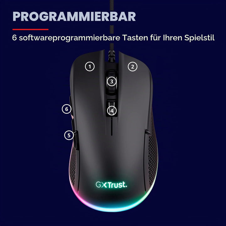 Trust Gaming GXT 922 Ybar Gaming Maus, 68% Recycelten Materialien, RGB LED-Beleuchtung, 6 Programmie