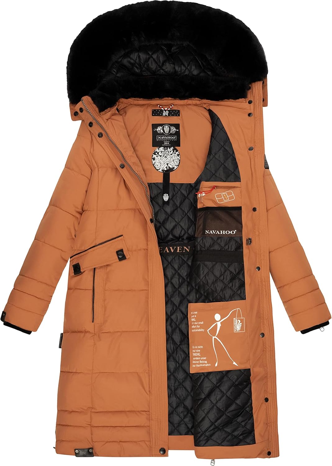 Navahoo Damen Wintermantel Warmer Steppmantel lang mit Abnehmbarer Kapuze Fahmiyaa XS-3XL XL Rusty C