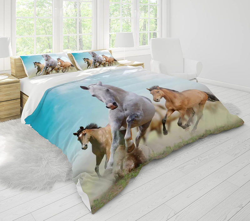 JEFFEL Pferde Bettwäsche Set 135x200 cm, Kinderbettwäsche, Pferde Motiv 3D Tier Motiv, Mikrofaser, S