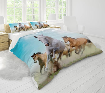 JEFFEL Pferde Bettwäsche Set 135x200 cm, Kinderbettwäsche, Pferde Motiv 3D Tier Motiv, Mikrofaser, S