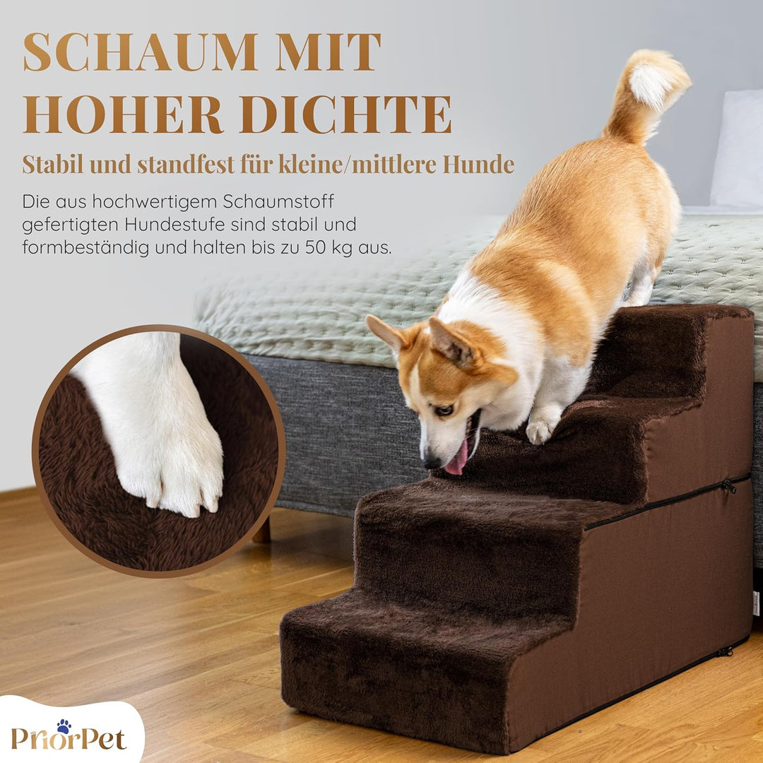 Hundetreppe für Bett - 4 Stufen Hunderampe 58cm hoch - Schaumstoff Treppe für kleine Hunde - Sichere