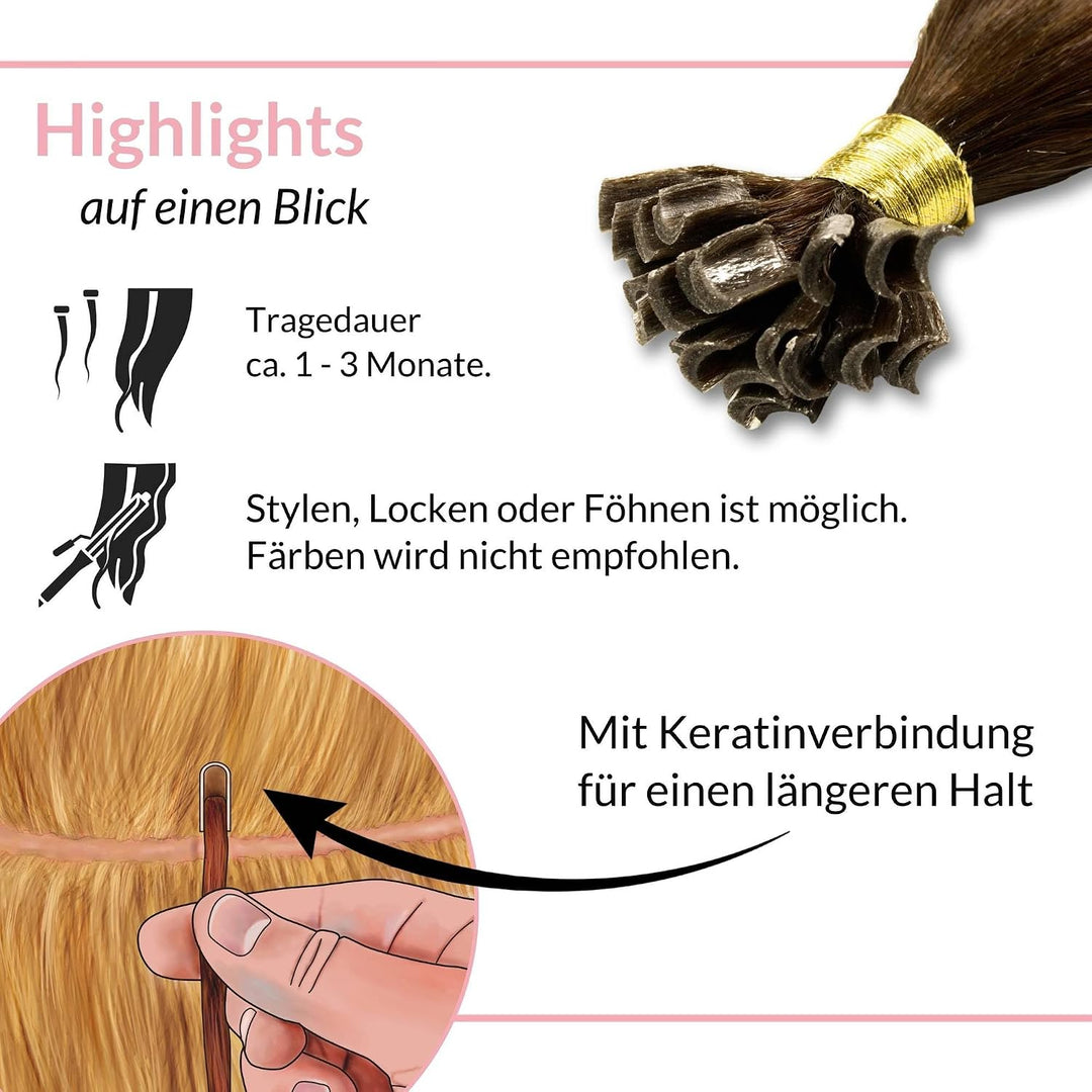 hair2heart Extensions Echthaar Bondings Gewellt - 25 Strähnen 1g 50cm 6/3 dunkelblond gold