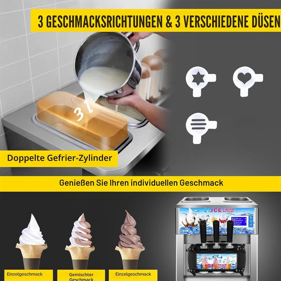 Kommerzielle Eiscreme-Maschine, 18L/H, 1200W, 3 Geschmacksrichtungen, italienische Eismaschine, Tric