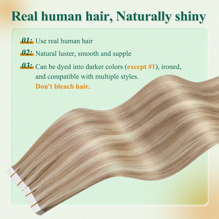 Easyouth Echthaar Extensions Tape in Remy Haarverlangerung Tape Extensions Aschblond Mix Hellblond T