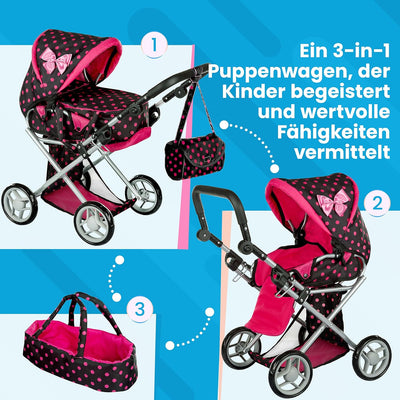 Kinderplay Puppenwagen ab 1 2 3 Jahre Kinderwagen Spielzeug - 3 in 1, Puppenwagen mit Herausnehmbare