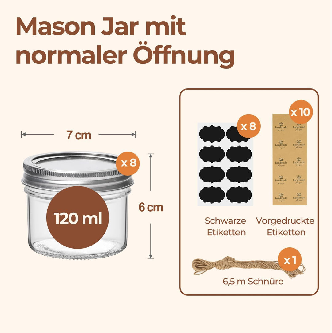 ComSaf 120ml Einmachgläser mit Schraubdeckel und Aufkleber Marmeladengläser 8er, Kleine Einmachgläse