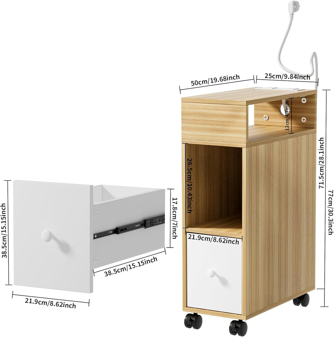 PIPIPOXER Nachttisch Schmal mit Rollen, Kleiner Nachtschrank Eichenfarbe, mit 1 Schubladen und USB-A