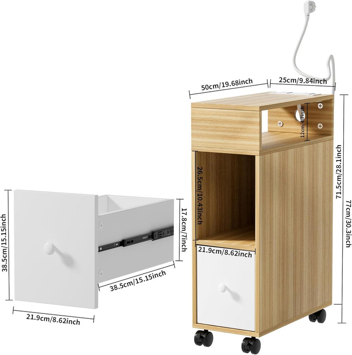 PIPIPOXER Nachttisch Schmal mit Rollen, Kleiner Nachtschrank Eichenfarbe, mit 1 Schubladen und USB-A