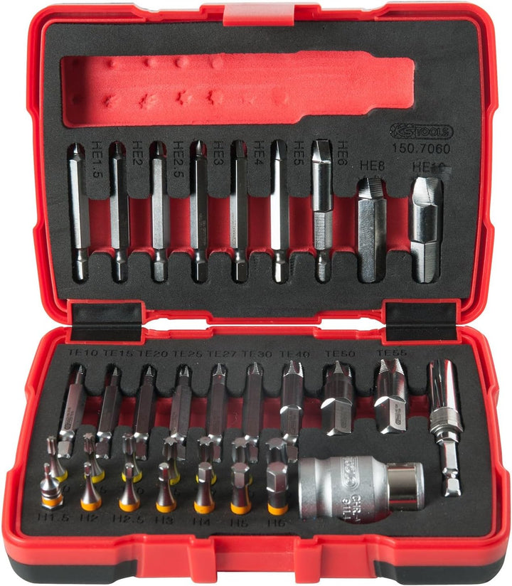 KS Tools 150.7060 1/4" + 10 mm Torx- und Innensechskant-Schrauben-Ausdreher-Satz, 34-tlg