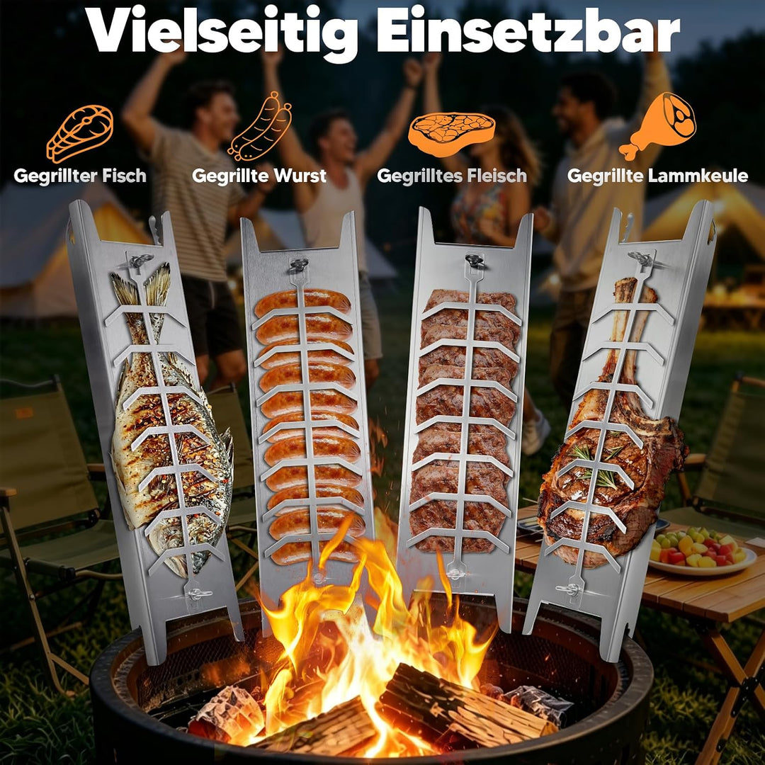 Flammlachshalter Edelstahl 59.5cm für Feuerschale &amp; Grill | Extra Breit 16cm, 180° drehbar, Lachsbre
