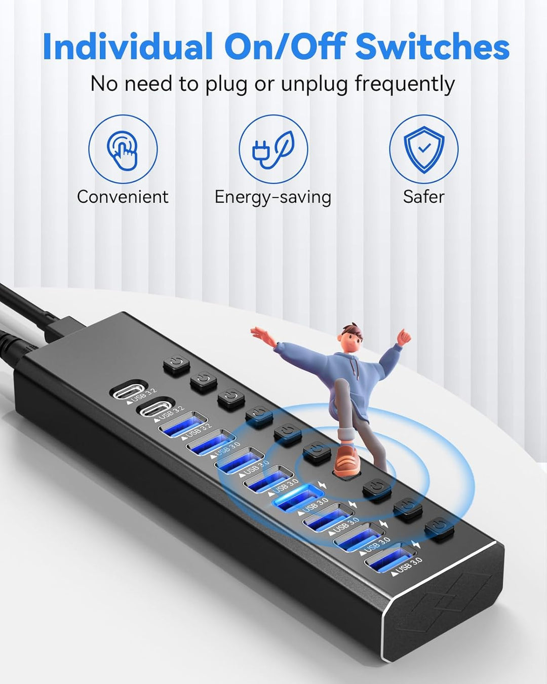 Powered USB Hub 3.2, 10-Port USB3.2/USB C Hub (10Gbps USB-A 3.2 +2 USB-C 3.2 +7 USB 3.0 Ports) mit i
