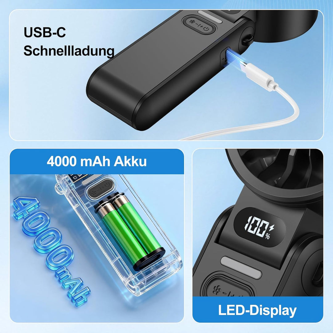 Handventilator 100 Stufen Leise Leistungsstark – Tragbarer Mini Ventilator USB Wiederaufladbar mit L