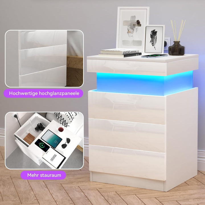 PIPIPOXER Nachttisch mit LED Licht und Steckdose,Beistelltisch aus Hochglanz Brett mit Schiebeschubl