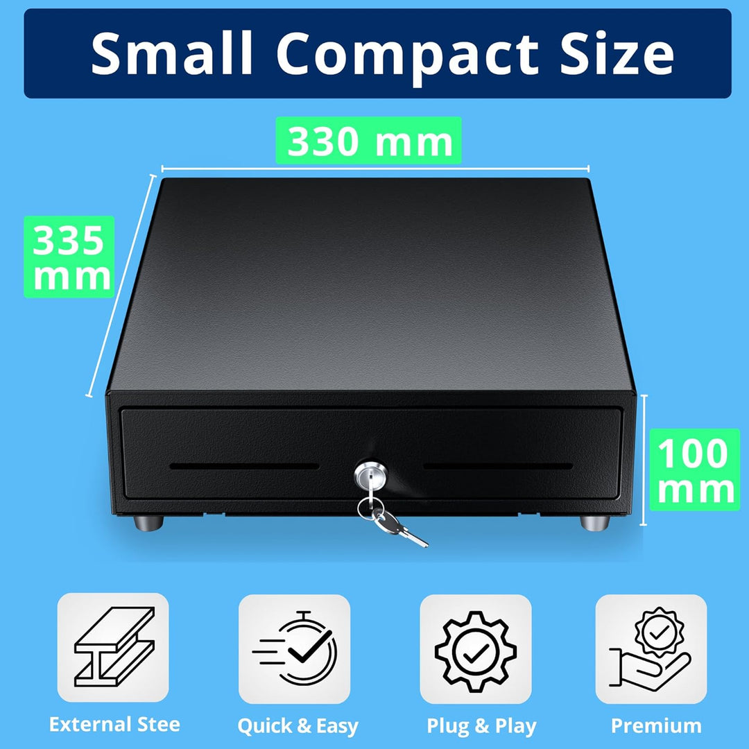 Automatische Kassenschublade 33x33cm, 4 Geldschein-/8 Münzfächer, RJ11/Schlüssel-Öffnung, Ideal für