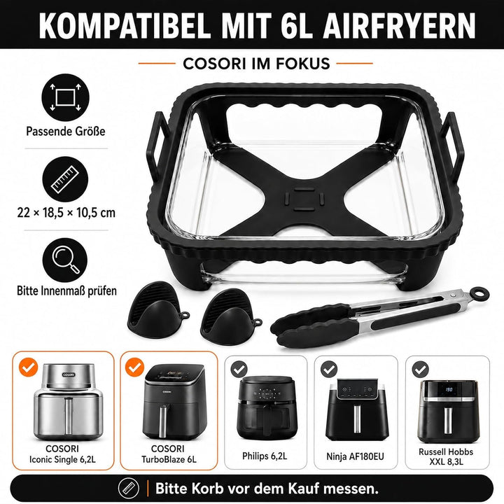Glas Auflaufform Airfryer für Cosori TurboBlaze 6L &amp; Iconic Single 6,2L, Schwarz1, Schwarz1