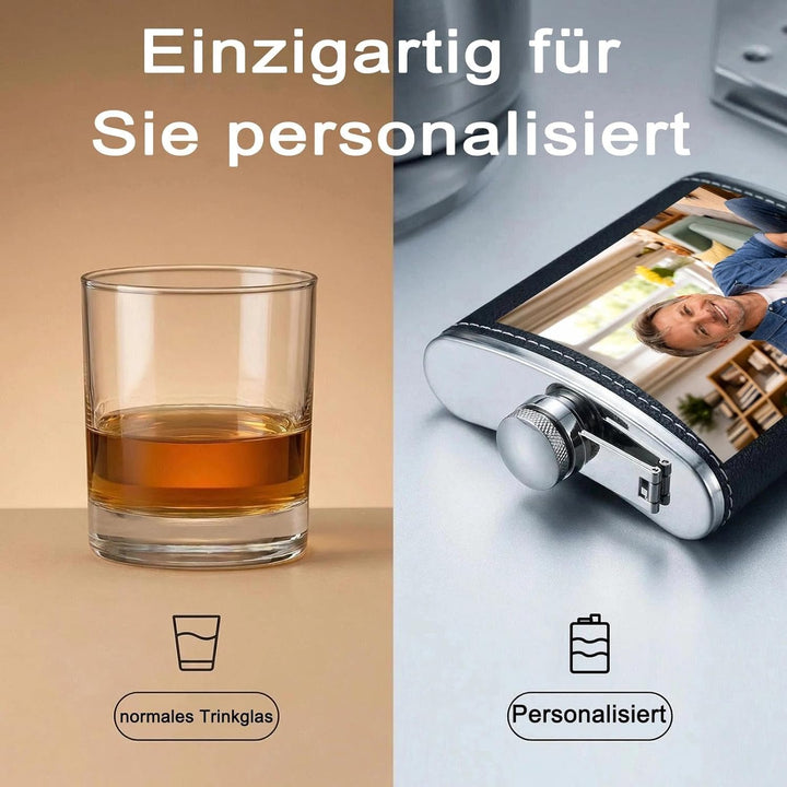 Personalisiert Flachmann mit Foto - Flachmann Kunstleder - Geeignet für Whiskey Rum und Wodka Partys