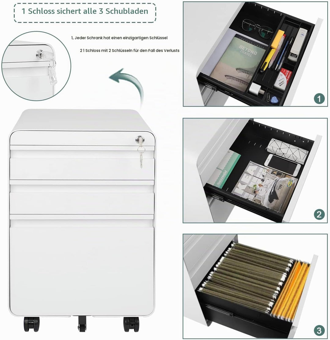 Dripex Metall Rollcontainer Stahl Rollcontainer mit 3 Schubladen und Hängeregistratur Abschliessbare