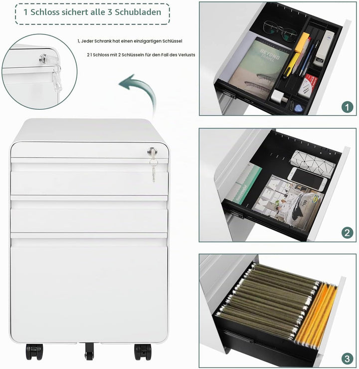 Dripex Metall Rollcontainer Stahl Rollcontainer mit 3 Schubladen und Hängeregistratur Abschliessbare