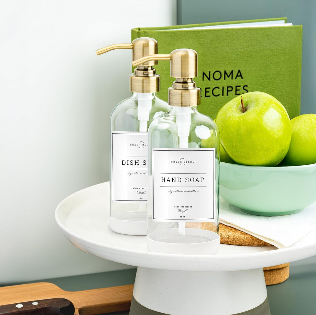 Vine Creations Seifenspender aus klarem Glas, 2 Stück, dicke 473 ml Flaschen, rostfreie Edelstahlpum