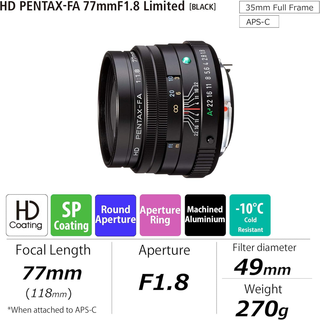 Pentax PENTAX-FA 77mmF1.9 Limited Schwarz Leichte Telebrennweite, z.B. für Porträtaufnahmen mit leis