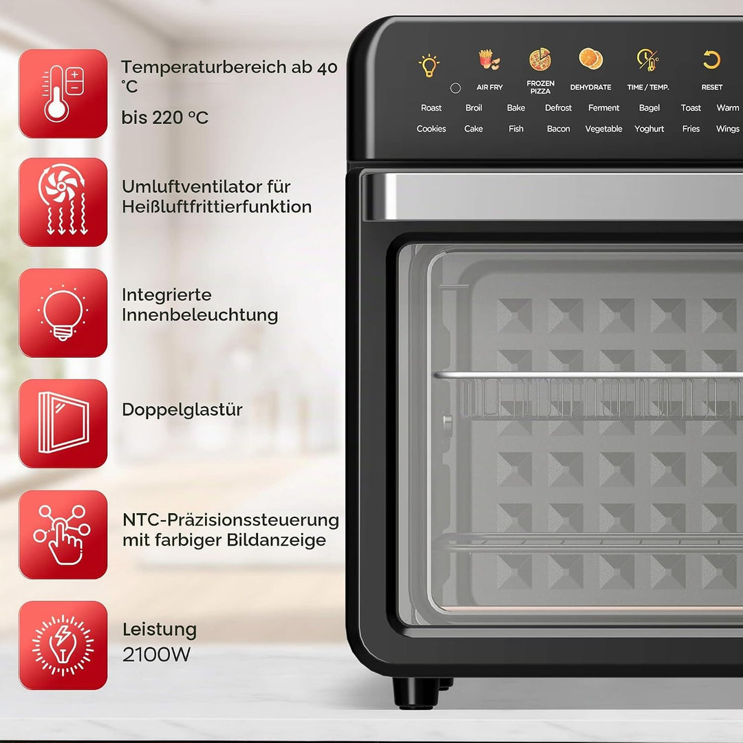 TurboTronic Multi-Smart-Ofen - 19in1 Heissluftofen &amp; Heissluftfritteuse 2100W Power 34L bis 0,5 kg P