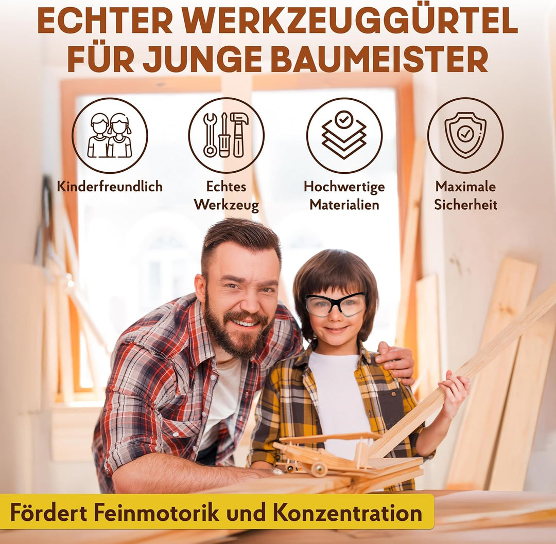 Eli® Werkzeuggürtel Kinder Set ab 6 Jahre - hochwertiges echtes Kinderwerkzeug - inkl. Hammer und Sc