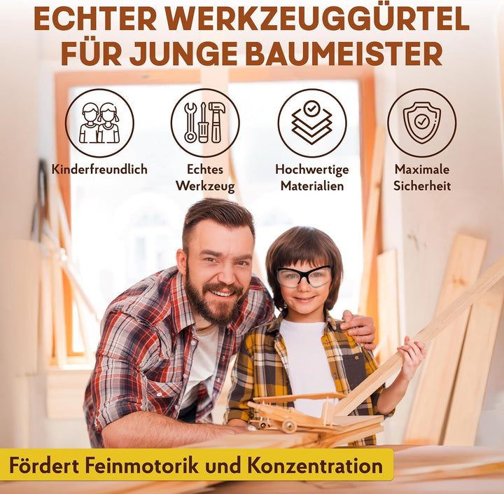 Eli® Werkzeuggürtel Kinder Set ab 6 Jahre - hochwertiges echtes Kinderwerkzeug - inkl. Hammer und Sc