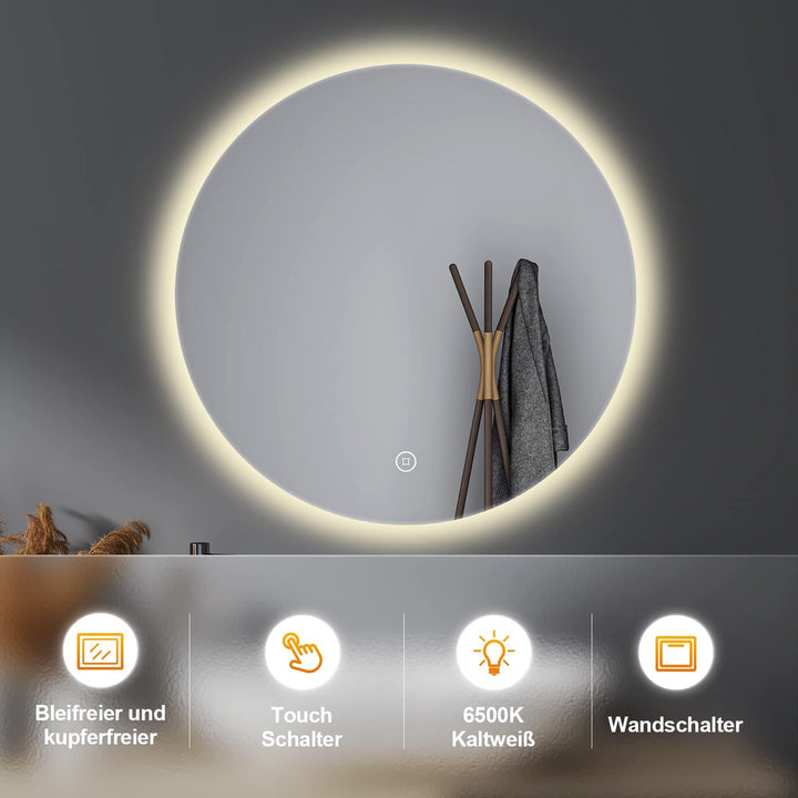 Spiegel Rund 80cm Runder 3 Lichtfarbe Wandspiegel Beleuchtung Touch Schalter LED Badspiegel Badezimm