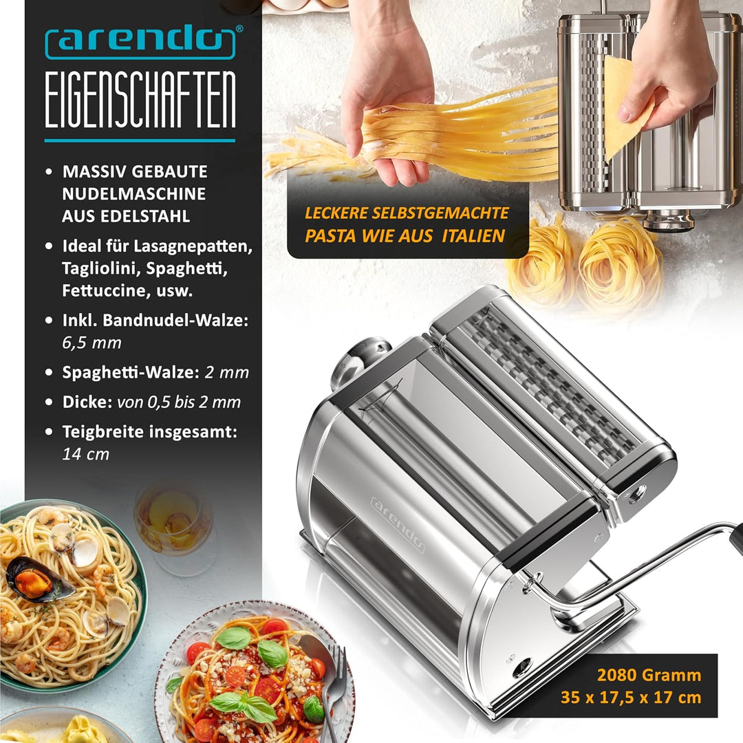 Arendo - Nudelmaschine Pasta Maker – Edelstahl – Nudelpresse – 7 einstellbare Stärken - manuell - Du