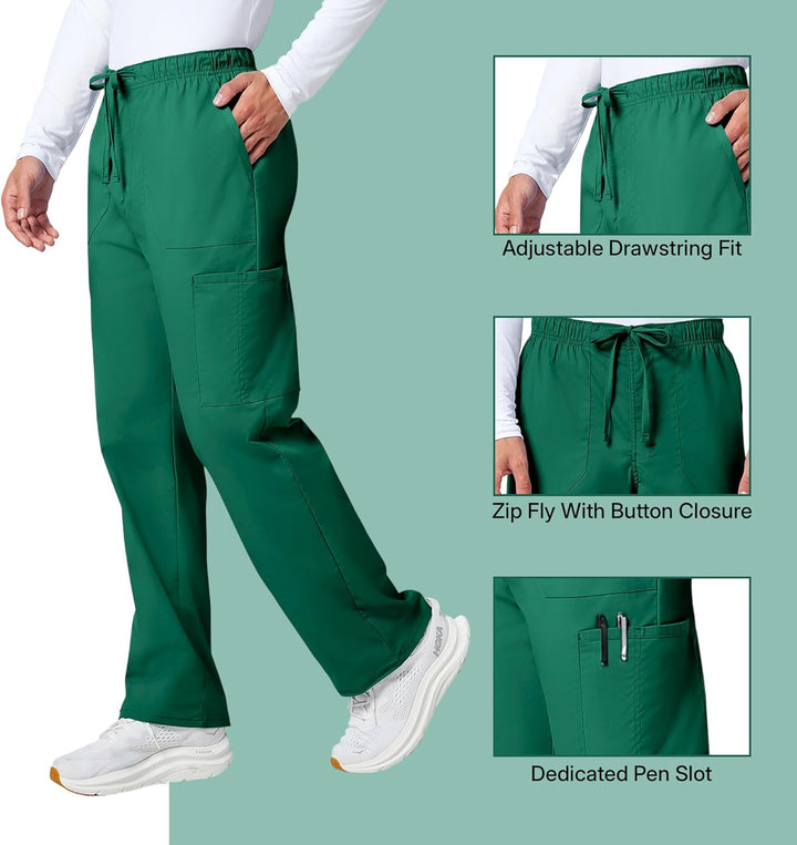 Workwear Professionals Men Scrubs Pant Tapered Leg Fly Front Cargo WW190 XS Hunter Green, XS Hunter