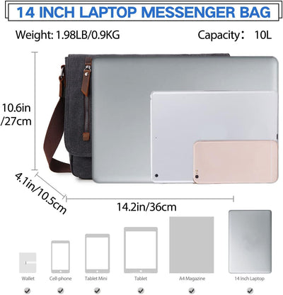 VX VONXURY Umhängetasche für Männer und Frauen, Canvas 14 Zoll Laptoptasche Messenger Bag Arbeitstas