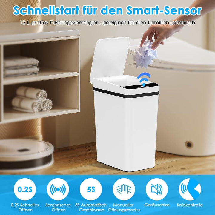 Dreamhigh® 2er Set Mülleimer mit Sensor, 12L Elektrischer Mülleimer mit Automatischem Deckel, Smart
