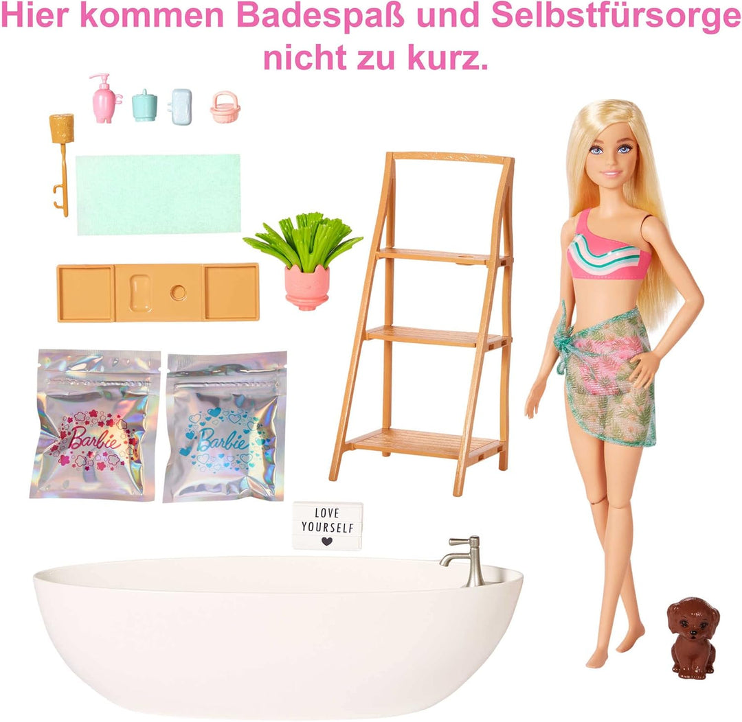 Barbie Self-Care Serie, Konfetti-Bad, Barbie-Puppe mit blonden Haaren, Badeanzug, Welpe,2 Konfetti-S