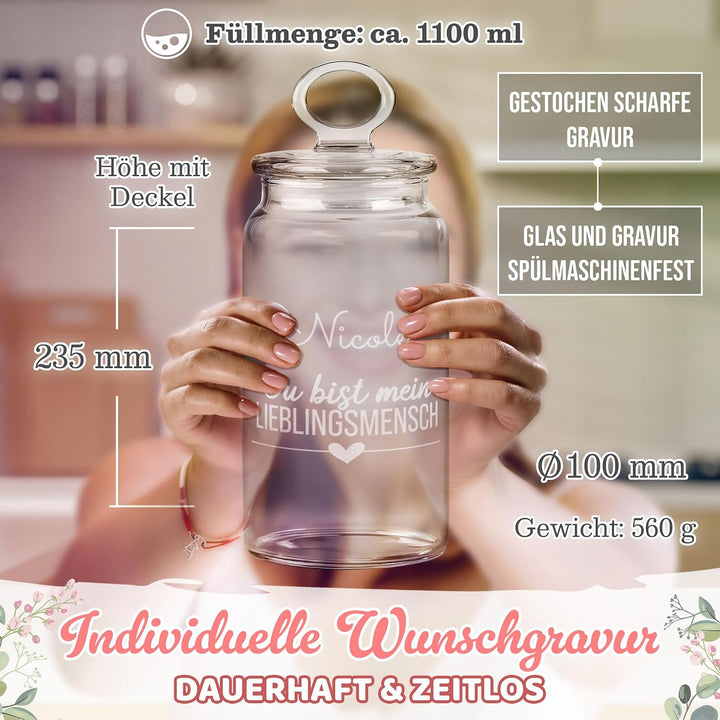 Print Royal PR Personalisierte Keksdose aus Glas mit Gravur - 1100 ml - Lieblingsmensch mit Name als