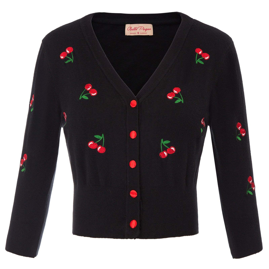 Belle Poque Damen Strickjacke mit 3/4-Ärmeln, V-Ausschnitt, Knopfleiste, Kirschen, Stickerei, Croppe