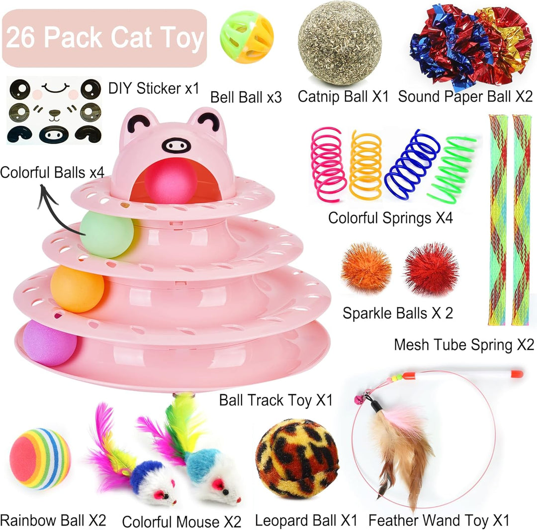 Suhaco 26 PCS Katze Spielzeug Für Indoor Kätzchen Interaktive Rolle 4-Level Track Kitty KatzeSpielze