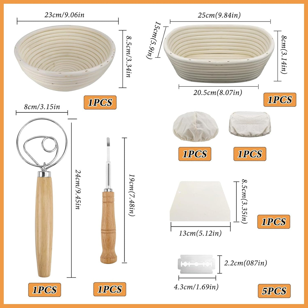2 Stück Gärkörbchen für brot, Gärkorb Brot Set, 100% natürlichem Rattan, Brot 23cm Rund &amp; 24,5cm Ova