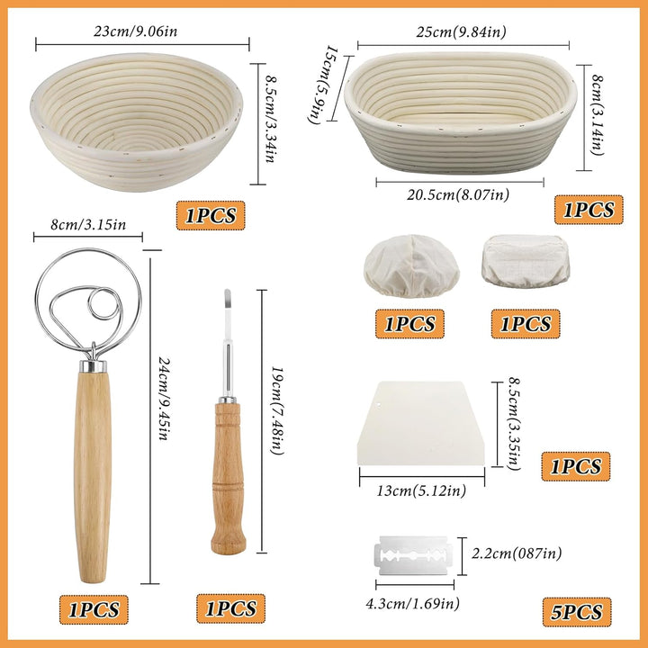 2 Stück Gärkörbchen für brot, Gärkorb Brot Set, 100% natürlichem Rattan, Brot 23cm Rund &amp; 24,5cm Ova
