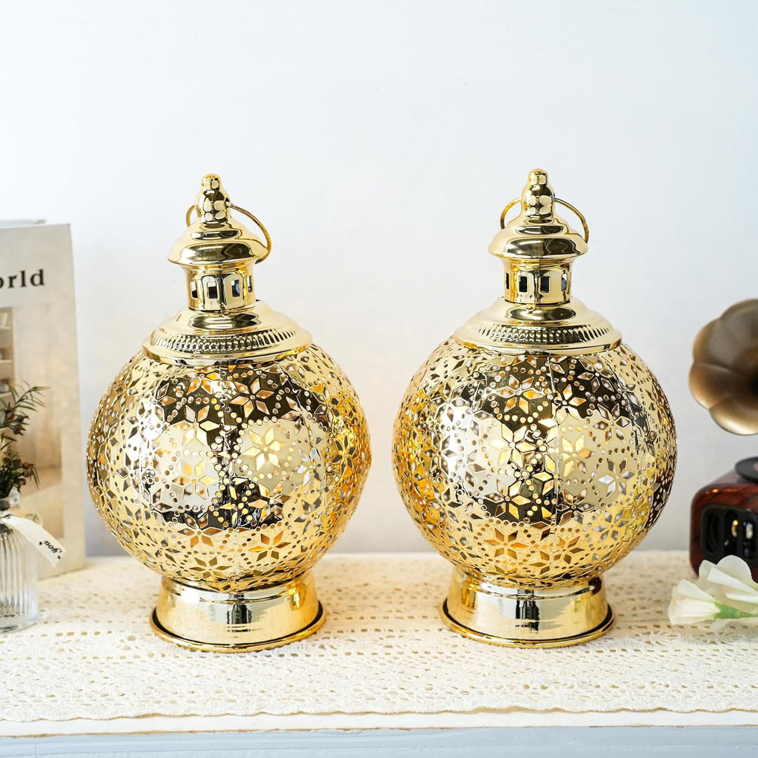 TRIROCKS Ramadan-Laternen, 2 Stück, 25,4 cm, Gold, elektrischer Kerzenhalter mit Timer, Metall, deko