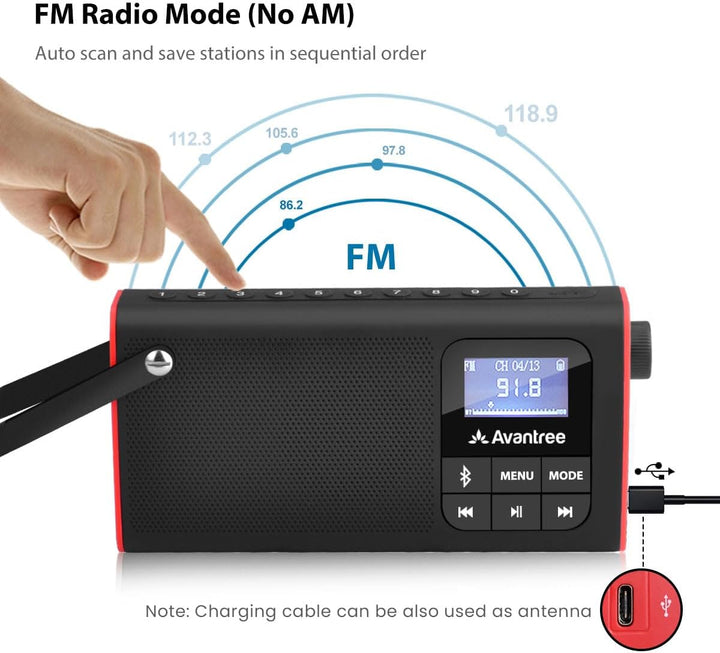 Avantree 3 in 1 Portable Tragbares FM Radio, Klein Mini Radio mit Bluetooth Lautsprecher, SD Card MP