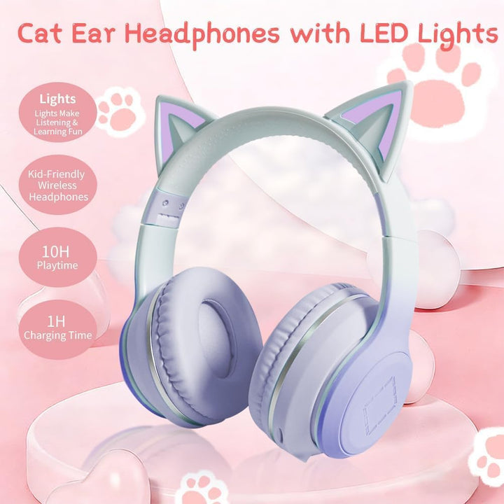Kinder Bluetooth Kopfhörer, Katzenohr LED Lichter, Bluetooth 5.3 Stereo, Verstellbares Kopfband, 85d