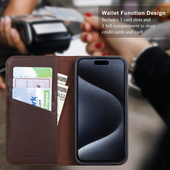 VISOUL Hülle für iPhone 15, Schutzhülle [Echt Leder] [Schützt vor Stoss] [Kartenfach] [Magnetverschl