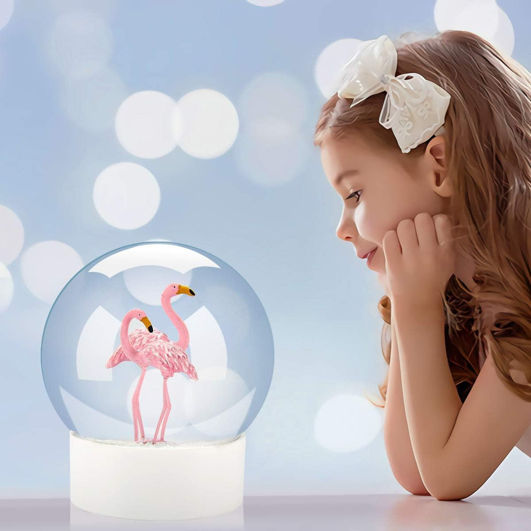 Mingfuxin Flamingo Schneekugel Kristallkugel mit weissem Sockel, weisse Flocken, Glas-Schneekugel Fl