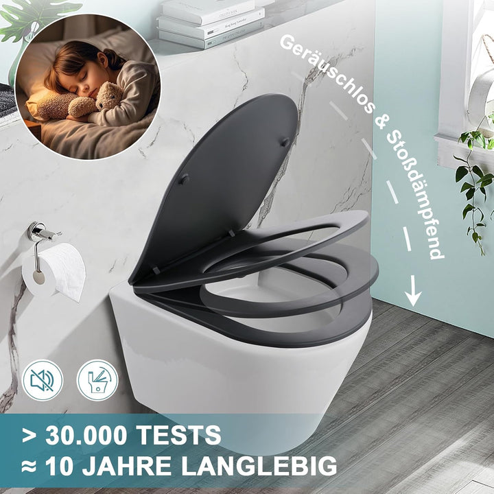 MEEJEE WC Sitz D Form, Toilettendeckel mit Absenkautomatik, Klodeckel Grau, Soft Close Toilettenbril