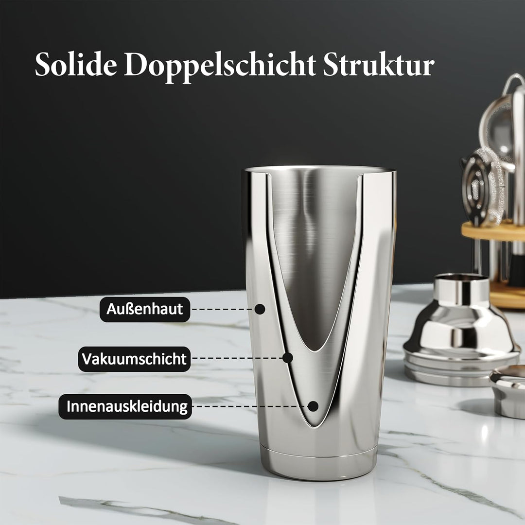 25 Stück Cocktail Shaker Set, 700ml Edelstahl Barkeeper Set mit Boston Shaker und Bar Zubehör, Mixol