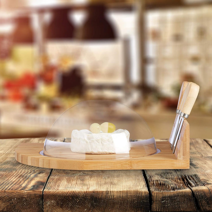 Relaxdays Käseglocke mit Bambus Käsebrett, Parmesanbrecher, Käsemesser, Käsegabel, magnetische Käsea