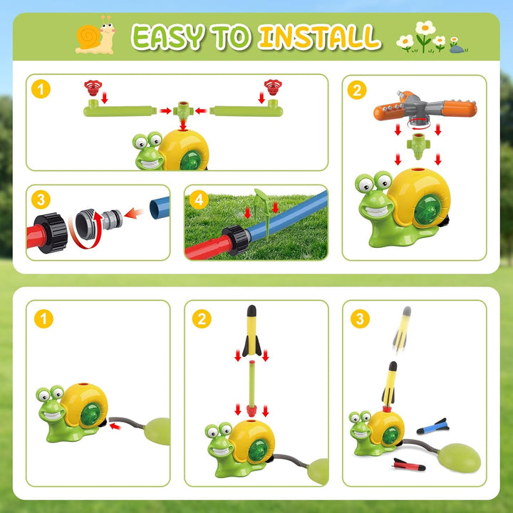 deAO 4-IN-1 Gartenspielzeug mit Wasserspritzfunktion und Schaumra: Baseball + Raketenstart mit 360°