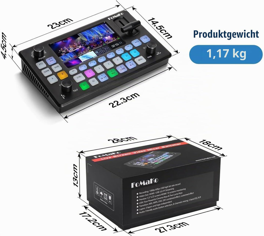 FoMaKo Video Switcher HDMI 4-Kanal für Multikameras, Video Mixer mit 5.5-Zoll LCD Bildschim, 1080P 6