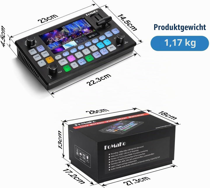 FoMaKo Video Switcher HDMI 4-Kanal für Multikameras, Video Mixer mit 5.5-Zoll LCD Bildschim, 1080P 6