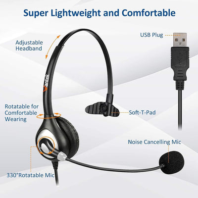 USB Headset with Microphone Noise Cancelling and Audio Control, Business PC Headsets for Computers,